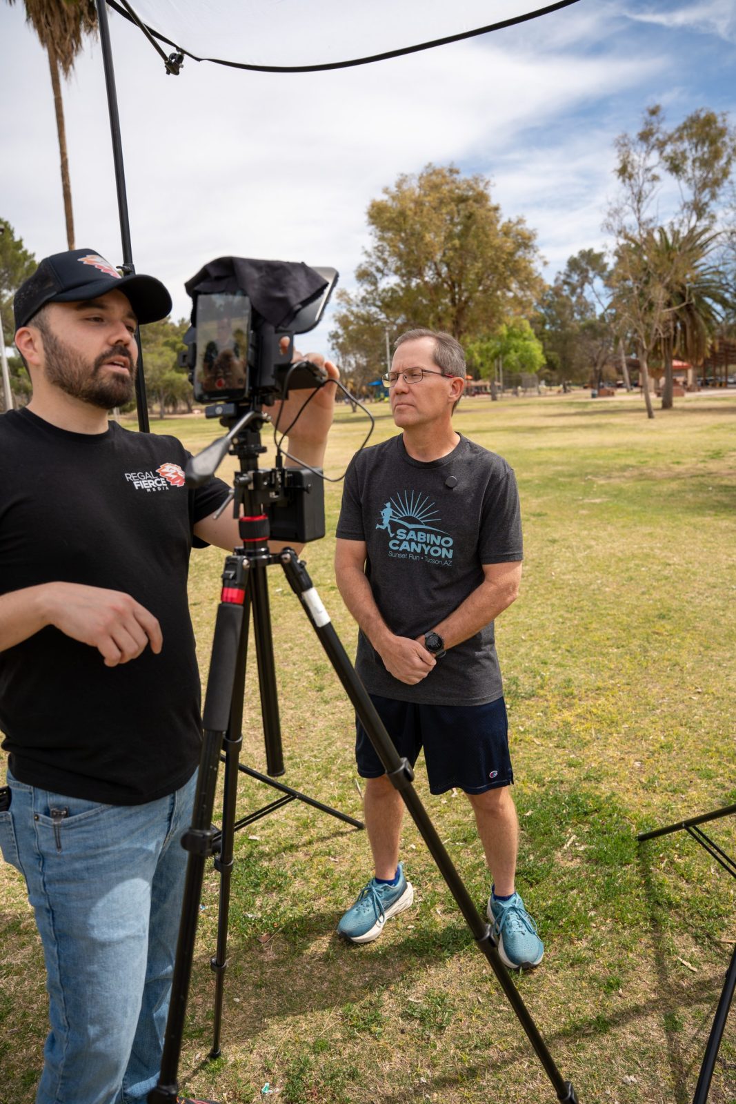 A Regal Fierce camera operator preparing an outdoor interview